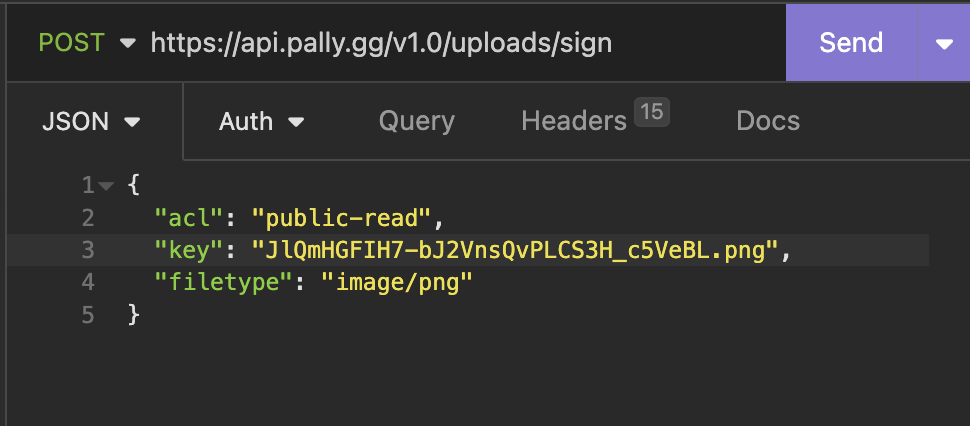 A JSON request with the parameters of acl (Access Control Level) which is set to public-read, key which is set to a random string and .png and filetype, which is a MIME Type set to image/png