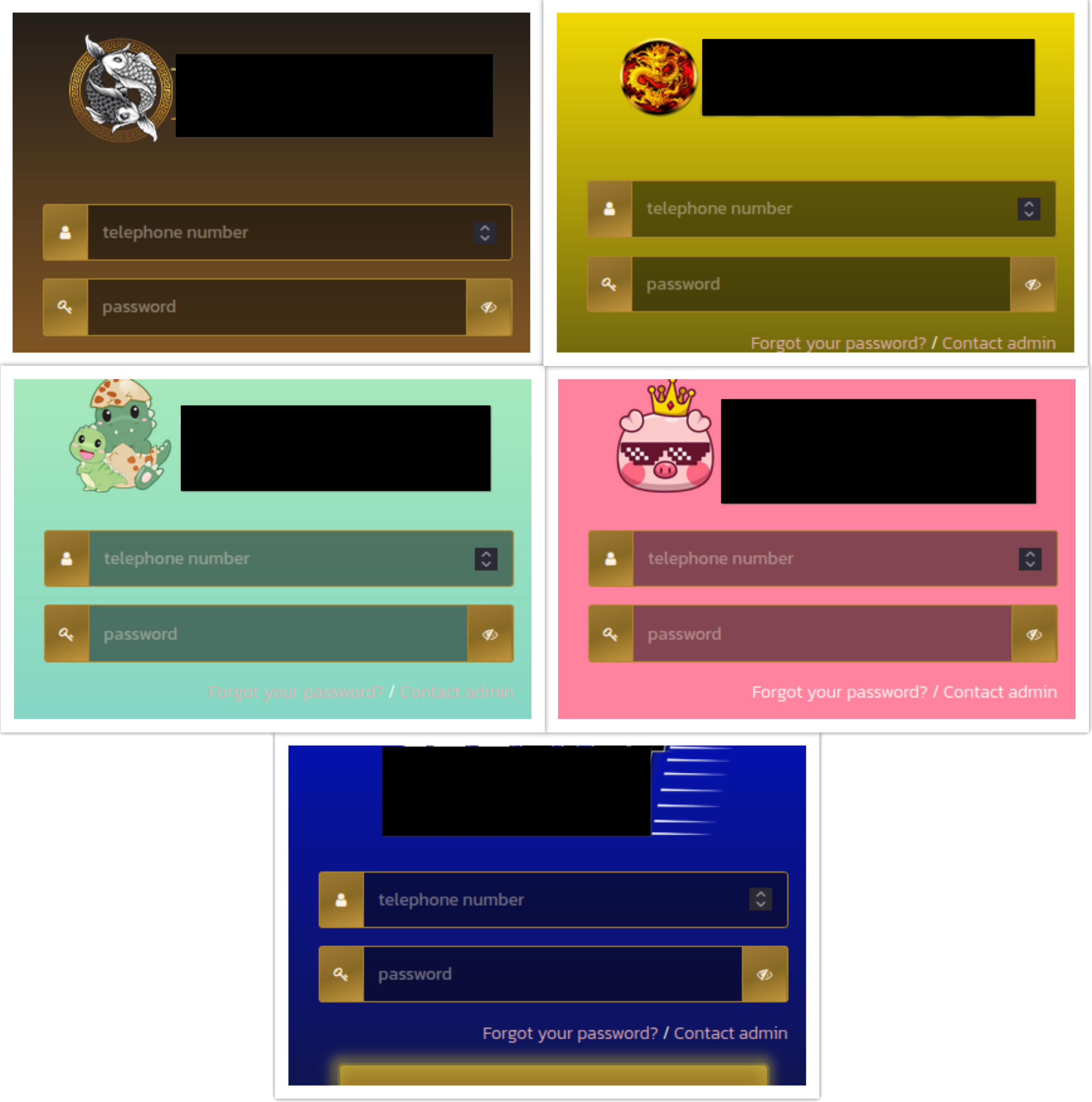 Carousel of 6 animal themed login pages, on different websites, all very clearly a look alike